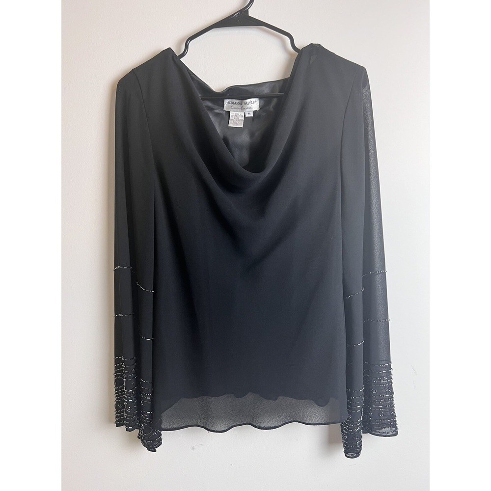 Adrianna Papell Sequin Blouse Medium Black‎ long Sequin Bell sleeve Sheer